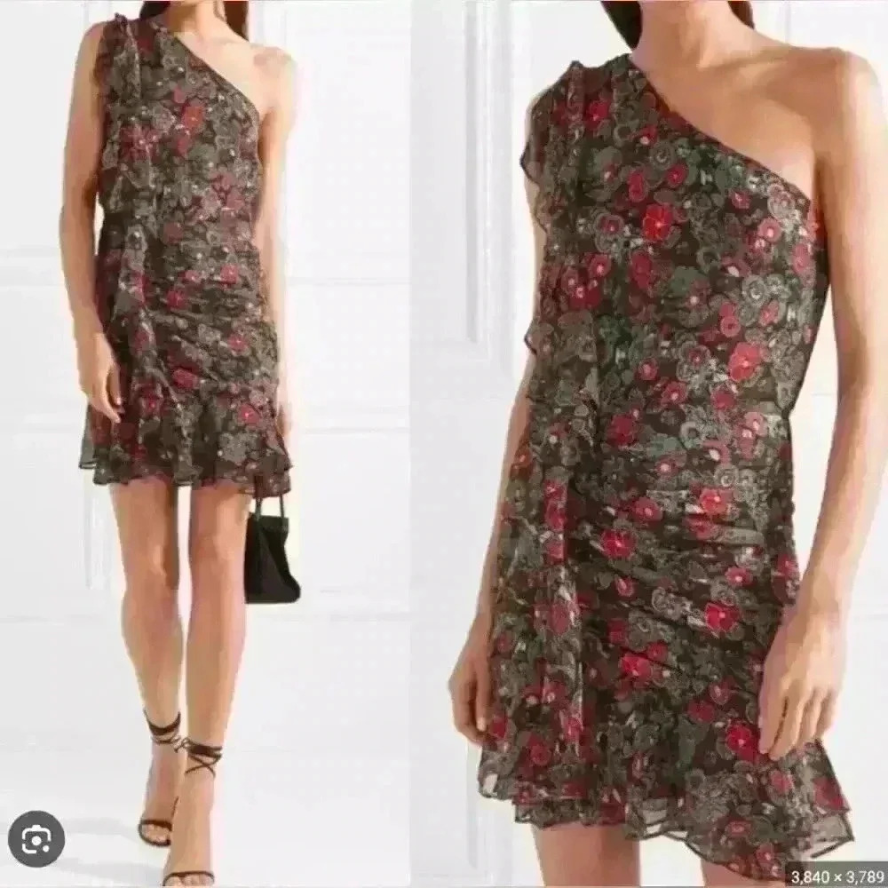 Veronica Beard Black One-Shoulder Floral Ruffle Mini Dress - Picture 4 of 13